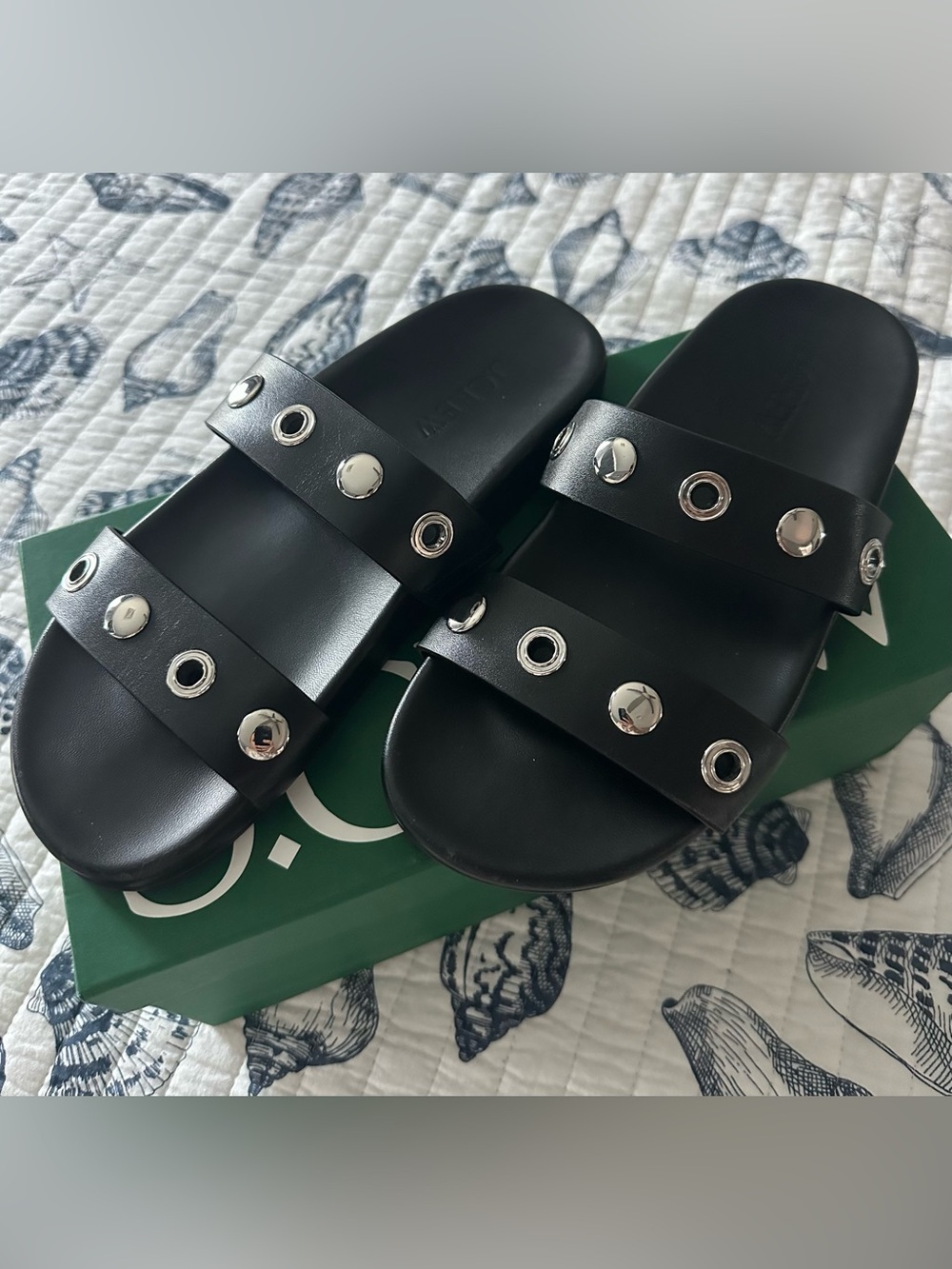 NIB J.Crew Black Double-Strap KIRA Slide/Sandals with Silver Grommets; size 8/9